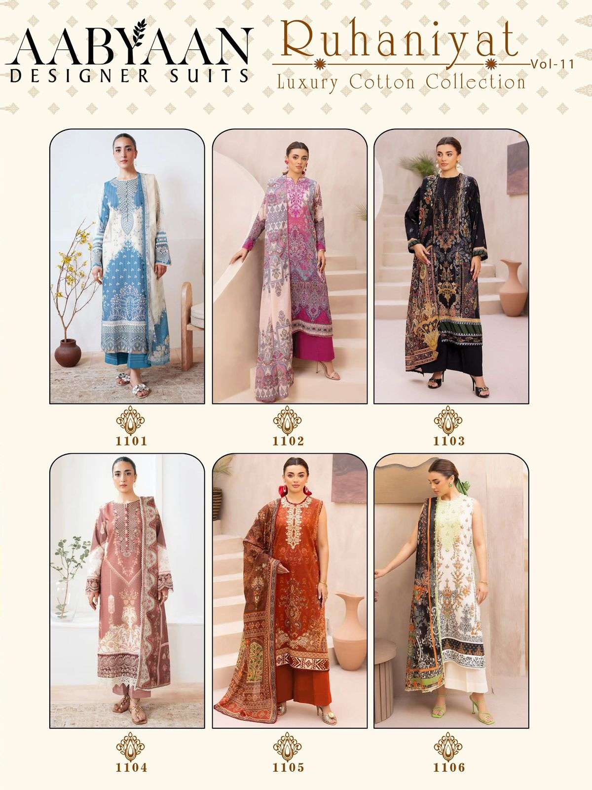 RUHANIYAT KARACHI STYLE VOL - 11 BY AABYAAN DESIGNER SUIT - 01 - 06