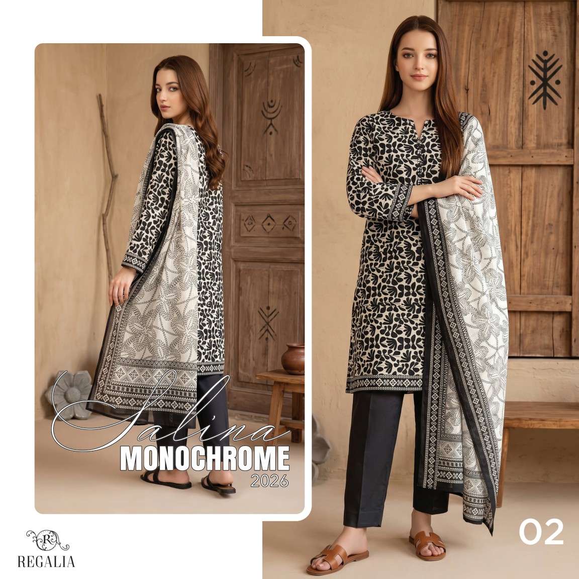 SALINA MONOCHROME BLACK & WHITE PRINTED LAWN COLLECTION 2026 MODEL PIC BY REGALIA TEXTILES - 02