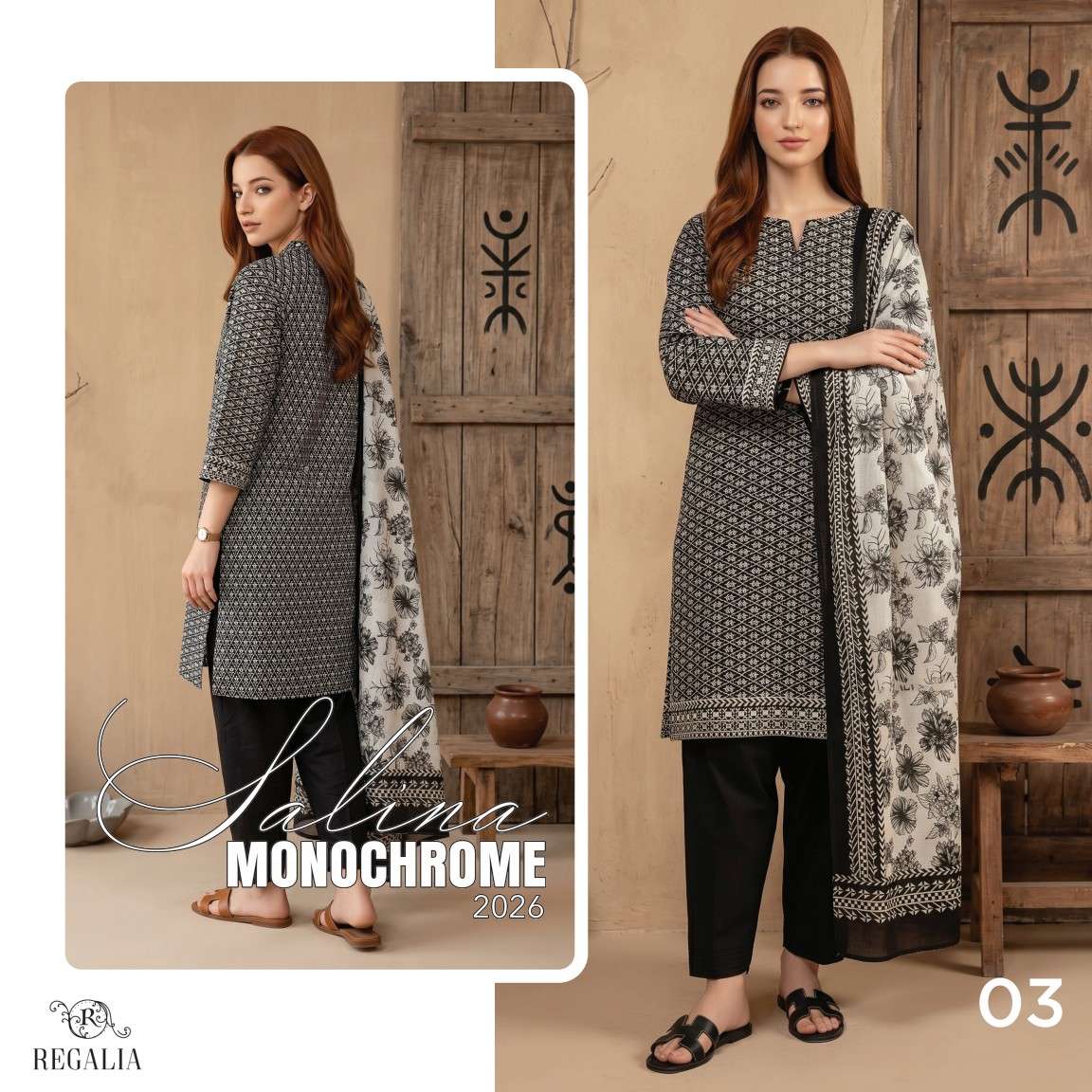 SALINA MONOCHROME BLACK & WHITE PRINTED LAWN COLLECTION 2026 MODEL PIC BY REGALIA TEXTILES - 03