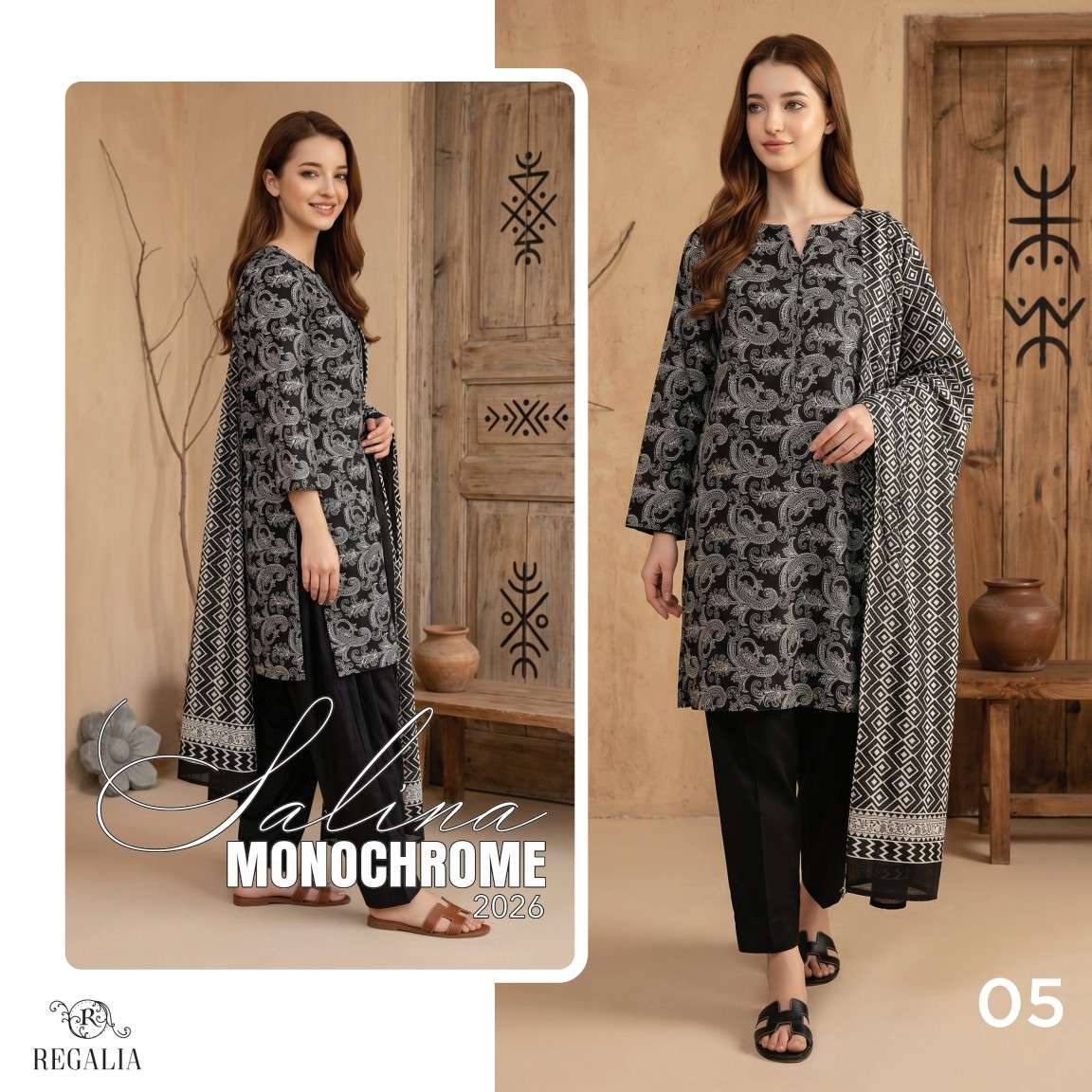 SALINA MONOCHROME BLACK & WHITE PRINTED LAWN COLLECTION 2026 MODEL PIC BY REGALIA TEXTILES - 05