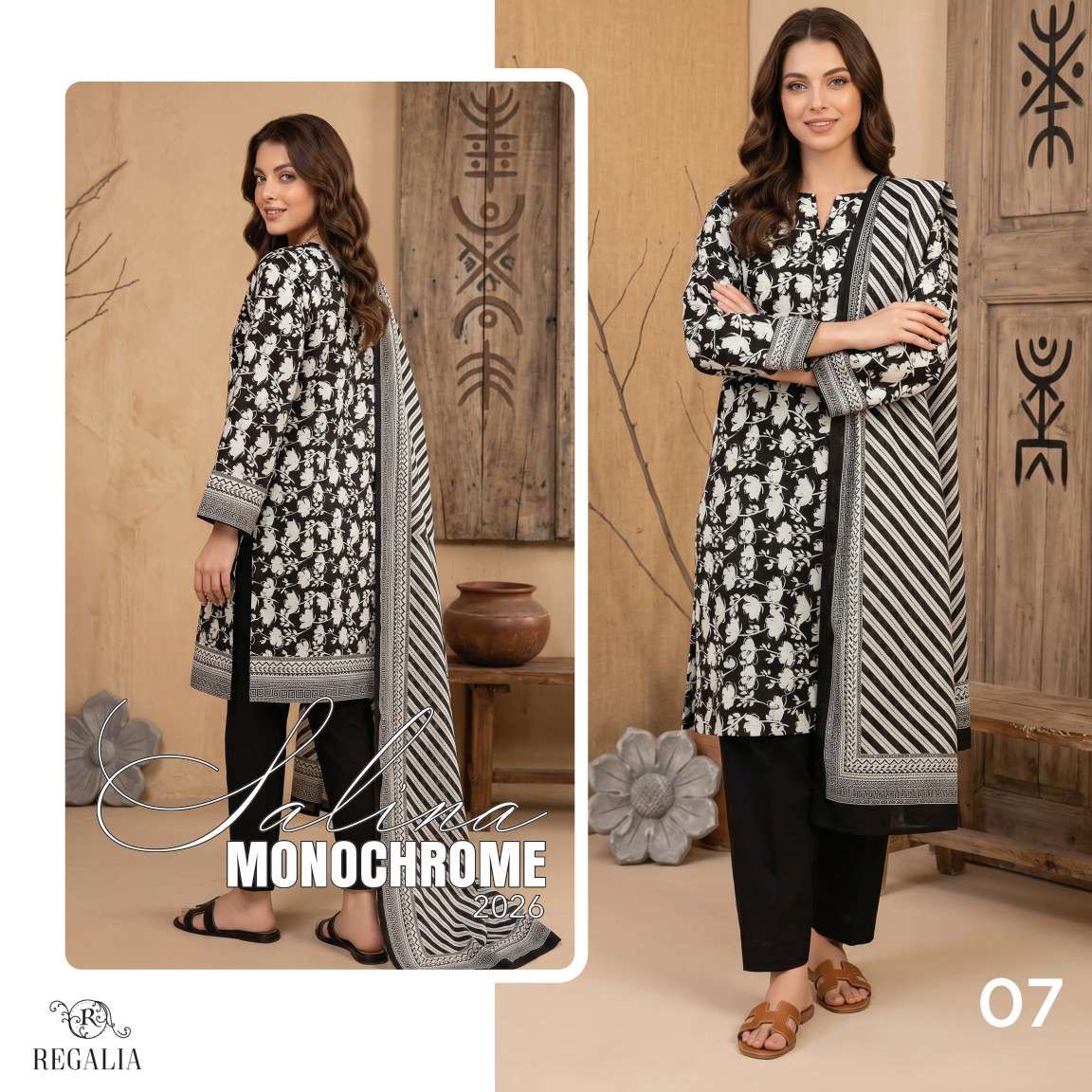 SALINA MONOCHROME BLACK & WHITE PRINTED LAWN COLLECTION 2026 MODEL PIC BY REGALIA TEXTILES - 07