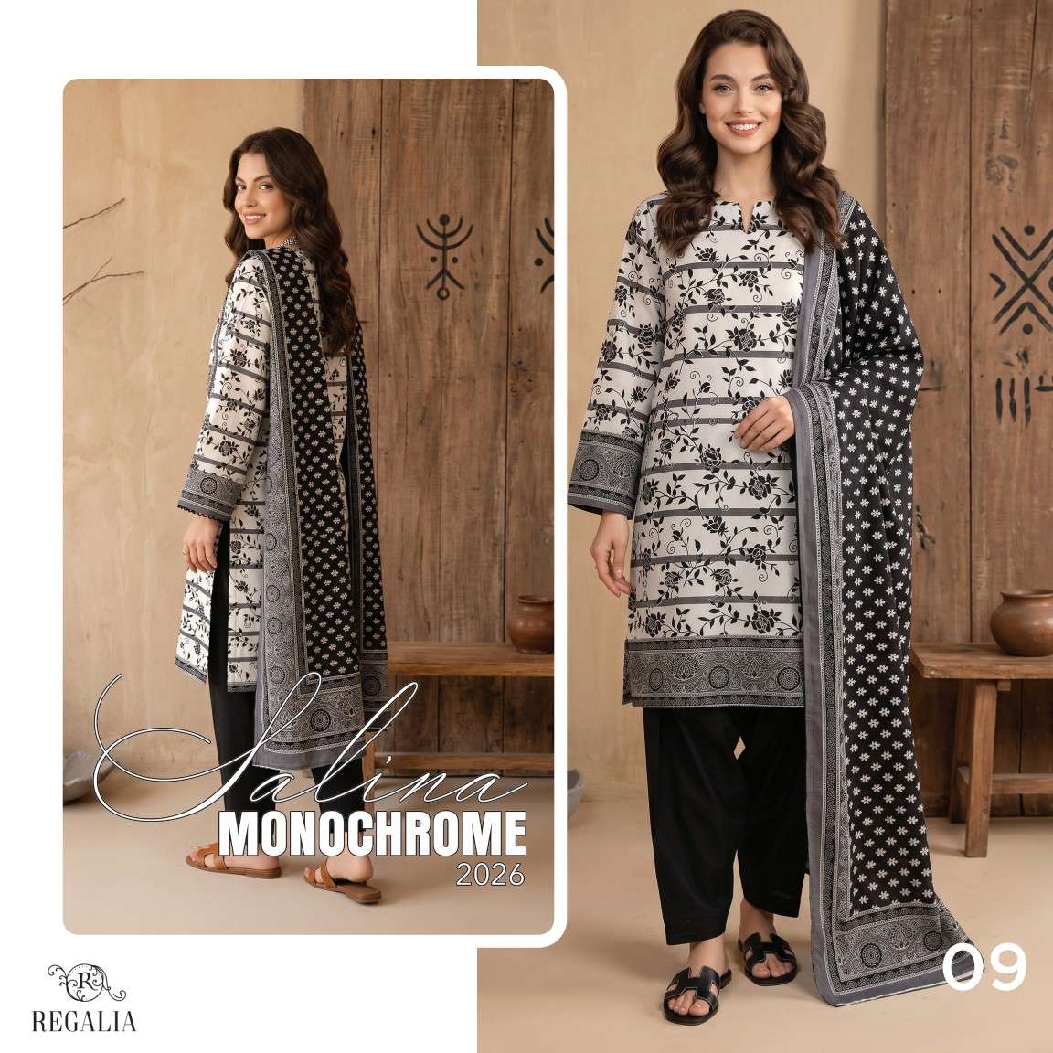 SALINA MONOCHROME BLACK & WHITE PRINTED LAWN COLLECTION 2026 MODEL PIC BY REGALIA TEXTILES - 09